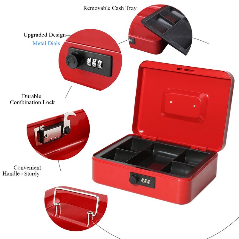 Jssmst Large Cash Box with Combination Lock â€“ Durable Metal Cash Box with Money Tray Red(9.8 x 7.9 x 3.5), SM-CB07003L - Image 4